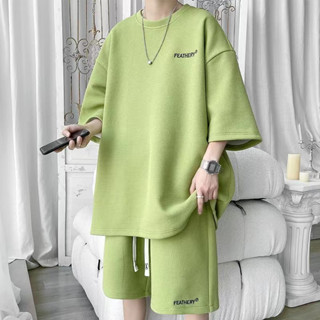 🚀พร้อมส่ง🚀ฤดูร้อนวัยรุ่นผ้าวาฟเฟิลสูทผู้ชายแขนสั้นกางเกงขาสั…