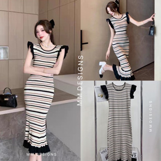 🌈🌿🌸🌺🌼🧡🤎🇰🇷Knit Stripe Frill Sleeveless Maxi Dress