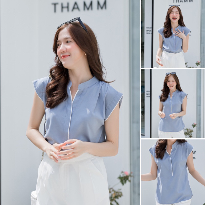 เสื้อเเขนล้ำเเต่งเส้นกุ๊นสร คอโปโล #l154shop_516