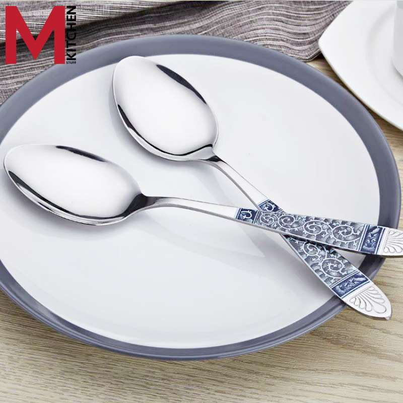 M KITCHNE S-8202 ช้อนส้อมสแตนเลส ลายคราม 1 คู่ อย่างหนา (A8)