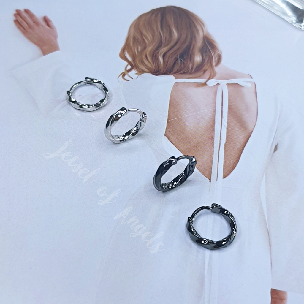 ต่างหูห่วงเงินแท้ S925 รุ่น Move ห่วงเกลียวบิด สีเงิน สีดำ ตุ้มหูห่วง เงินแท้ทั้งชิ้น Silver925