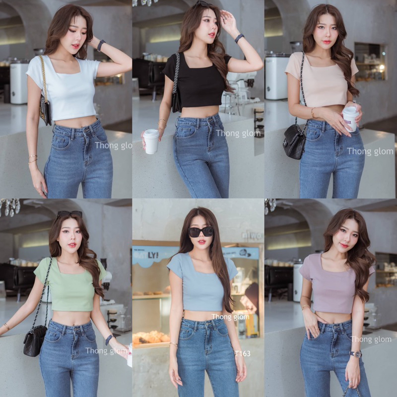 เสื้อครอปคอเหลี่ยมเนื้อผ้ายูนิโค่ Thong glom