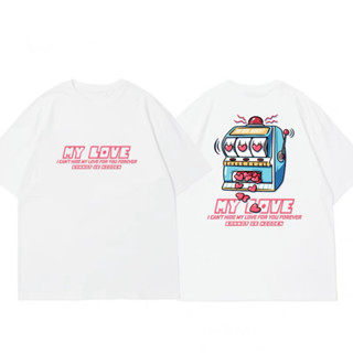 ins เสื้อยืดลายการ์ตูนน่ารักสีขาวดำแขนสั้น Love Lottery Machine เด็กผู้หญิง