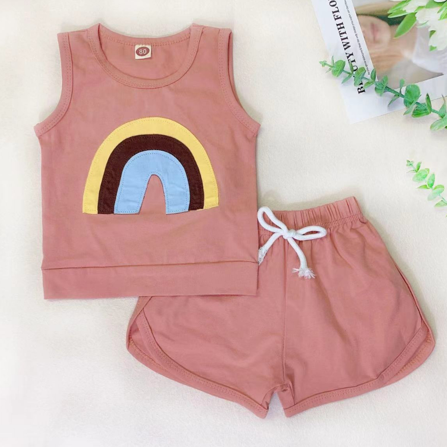 Babyonline(Y065)L6 ชุดเซ็ตเสื้อกล้ามกางเกงขาสั้นลายรุ้ง ผ้าฝ้าย100%