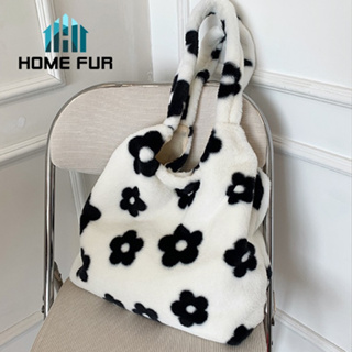 Home Fur กระเป๋าสะพายไหล่ กระเป๋าถือ ทรงโท้ท พิมพ์ลายดอกไม้ ผ้ากํามะหยี่ ขนนิ่ม แบบพกพา สไตล์สตรีท ✿