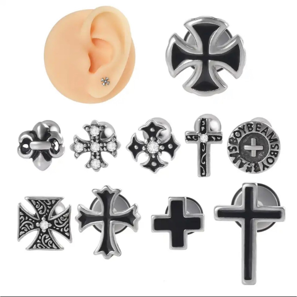 จิวหูกางเขน สไตล์โครมอาร์ทCross Chrome Hearts วินเทจ, เท่, ร็อก วัสดุ Stainless Steel สแตนเลสแท้