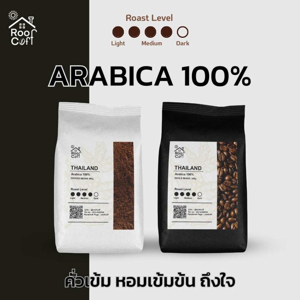 เมล็ดกาแฟ Arabica100% กาแฟคั่วเข้ม ขนาด 500/250 กรัม หอมเข้ม คั่วสดใหม่ จาก Roof Coff มีทั้งแบบเมล็ดและบดละเอียด