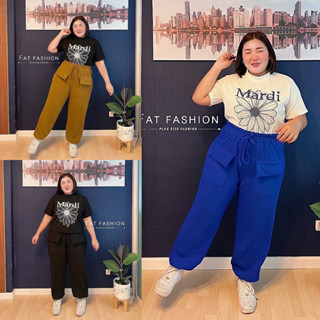 F295 ชุดเซ็ทสาวอวบ 2ชิ้น เสื้อยืดสกรีนลาย มาพร้อมกางเกงขายาว แต่งกระเป๋าหน้า