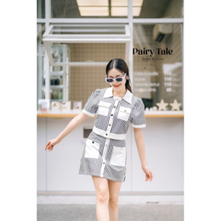 💖งานป้าย Pairy Tale💖 เซต2ชิ้น เสื้อครอป คอปก ลายทาง แต่งกระเป๋าคู่ กระดุมหน้า กระโปรงทรงสวยเข้าเซต