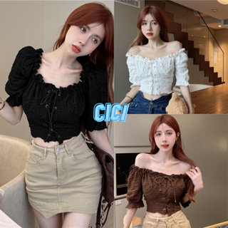 Cici(NO.Y015-1)CropTop เสื้อครอปจั๊มเปิดไหล่ดีเทลผูกเชือกตรงกลางเก๋ๆ ทรงสวยสไตล์เกาหลี