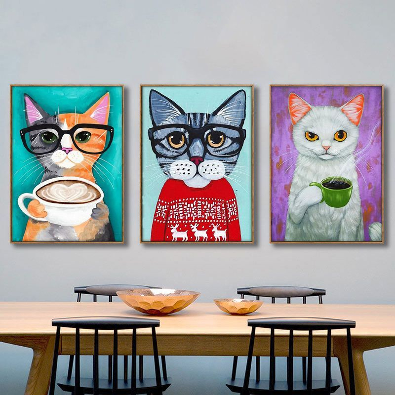 นอร์ดิกแขวนภาพวาดขนาด เล็กสดเด็กตกแต่งห้องภาพวาดสัตว์เลี้ยงร้านชานมสัตว์จิตรกรรมรูปสาวห้องนอนแมวจิตรกรรมฝาผนัง