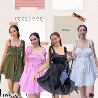 TwinsShopVip💗พร้อมส่ง TW18570 เดรสสั้นรูดอก สายผูกไหล่โบว์ยาว ..