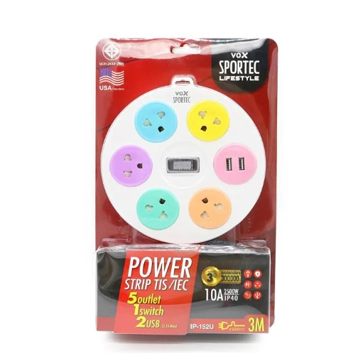 Vox Sportec F5ST3-VS01-5121 ปลั๊กไฟ รุ่น P152U (10A 2500W) 5 ช่องเสียบ 1 สวิตช์ 2 ยูเอสบี สายยาว 3 เ