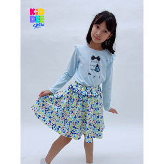 KiddeeCrew กระโปรงสั้นครีมดอกไม้ม่วงเขียว Green and cream floral short skirt เหมาะสำหรับอายุ 2-10 ปี