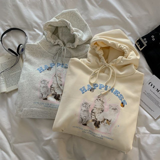 Fashion เสื้อแขนยาว HAPPINESS สกรีนลายน้องแมวน่ารัก ผ้าสำลี ผ้าหนุ่มใสสบาย Cat2277