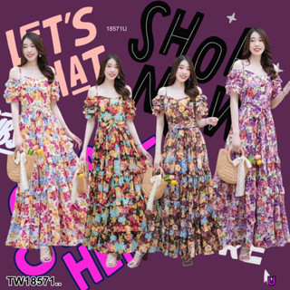 🌟💖ชุดไปทะเล Maxi Dress (เดรส)ยาว เปิดไหล่ แขนระบายชั้นปล่อยระบาย เอวสม็อกหลังแต่งระบายชั้นๆ