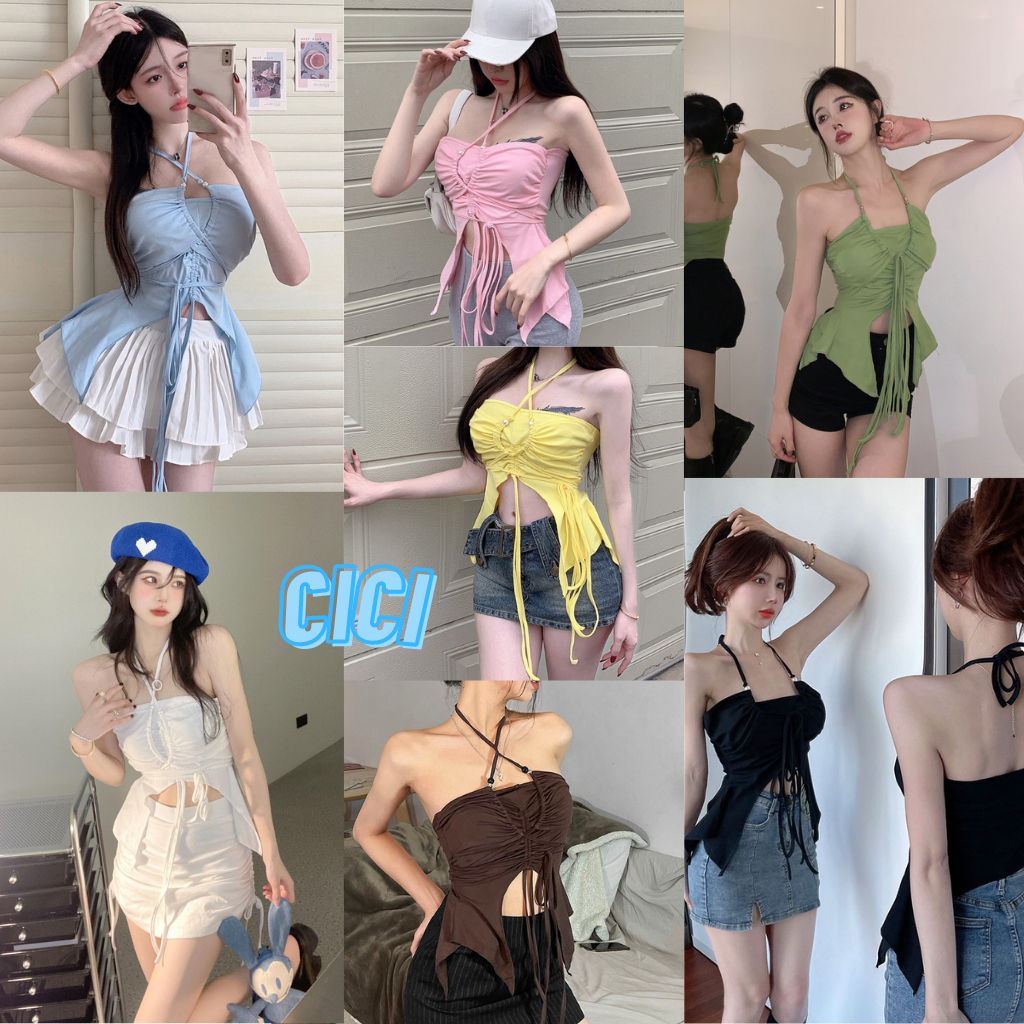 ส่งทันที Cici(NO. J330)เกาะอกเปิดไหล่ แต่งดีเทลคล้องคอแบบไขว้ เหมาะสำหรับสาวฮอต