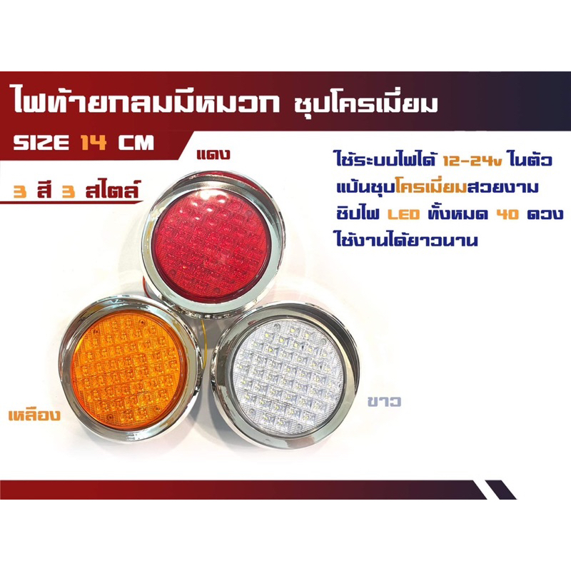 ดวงไฟท้าย มีหมวก รุ่น 40LED ขอบชุปโครเมี่ยม ขนาด 14 cm รองรับระบบไฟ 12-24v (ดวงไฟท้ายมีหมวก40LED)