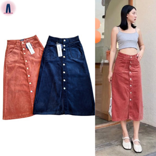 Nina jeans (S-2XL) กระโปรงลูกฟูกผ้ายืดเอวสูงกระดุมหน้าเก็บทรงสไตล์เกาหลี y2k อิฐ/กรม #6595