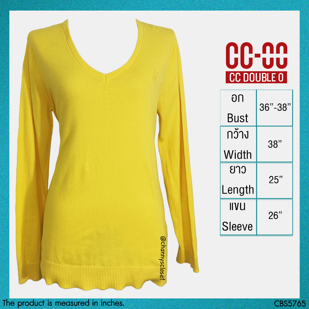💖USED CC-OO - Knitted Yellow Sweater | เสื้อสเวตเตอร์สีเหลือง เสื้อไหมพรม เสื้อกันหนาว แขนยาว คอวี สีพื้น แท้ มือสอง