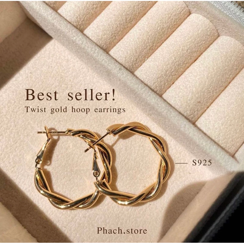 (best seller) Twist gold hoop earrings ต่างหูห่วงเกลียว เป็นก้านเงินแท้ 925