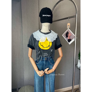 SMILEY Crop Top  เสื้อคอปผ้ายืดฟอก สกรีนลายหน้ายิ้ม ผ้ายืดนิ่มสวมใส่สบาย