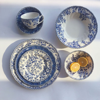 JBS Retro Blue และ White Porcelain Tableware แผ่นสเต็กจานดอกไม้ของหวานดอกไม้