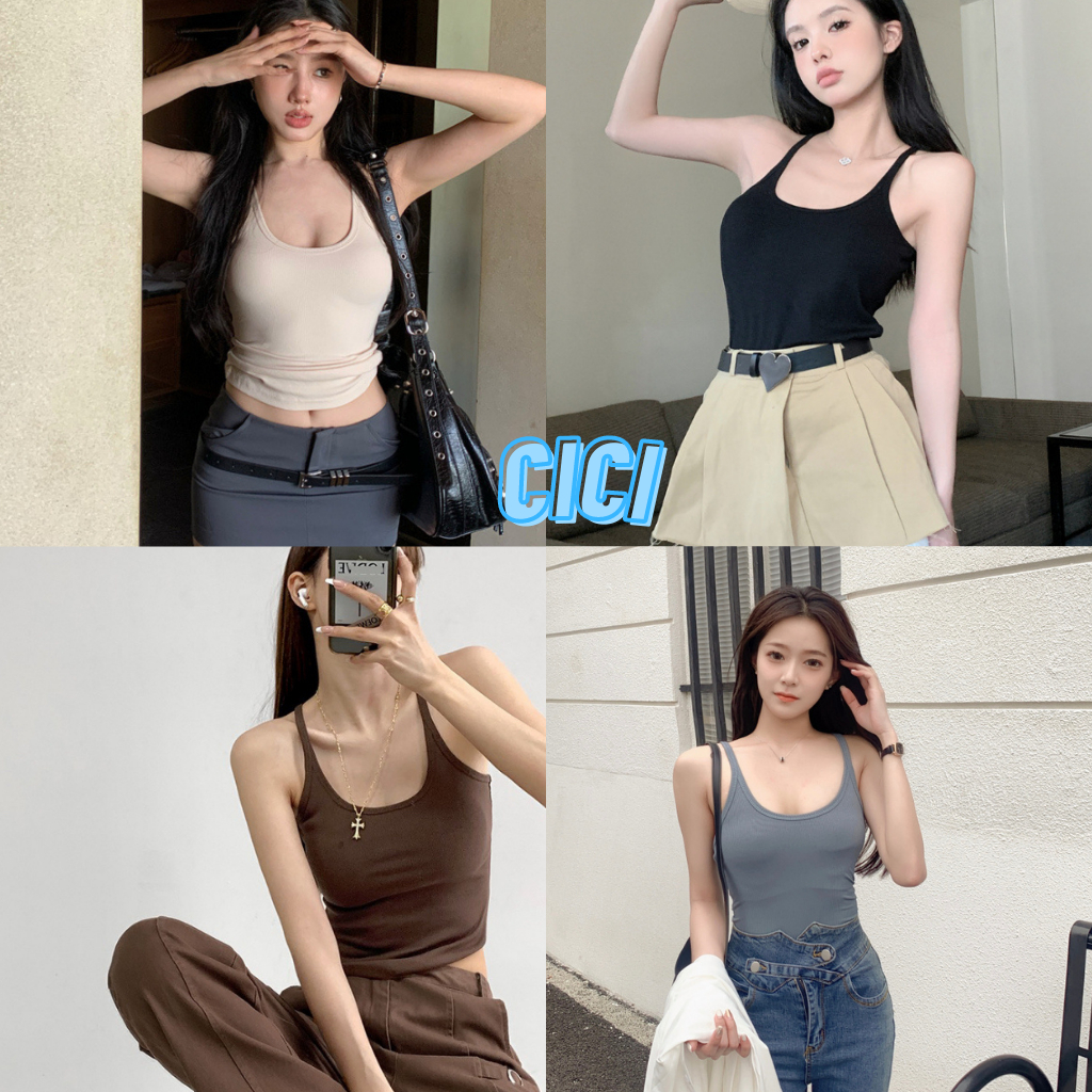 ส่งทันที Cici(NO. J358)สายเดี่ยวคอกลมผ้าร่องเล็กเข้าทรงสวยมากหุ่นเพียวสุดแมทซ์ง่าย