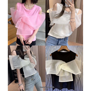 🇰🇷New🇰🇷  Korea offshoulder tshirt  เสื้อยืดเปิดไหล่อลัง แต่งผูกไขว้ หน้า เก๋มากค่า ใส่สวยมากตัวนี้