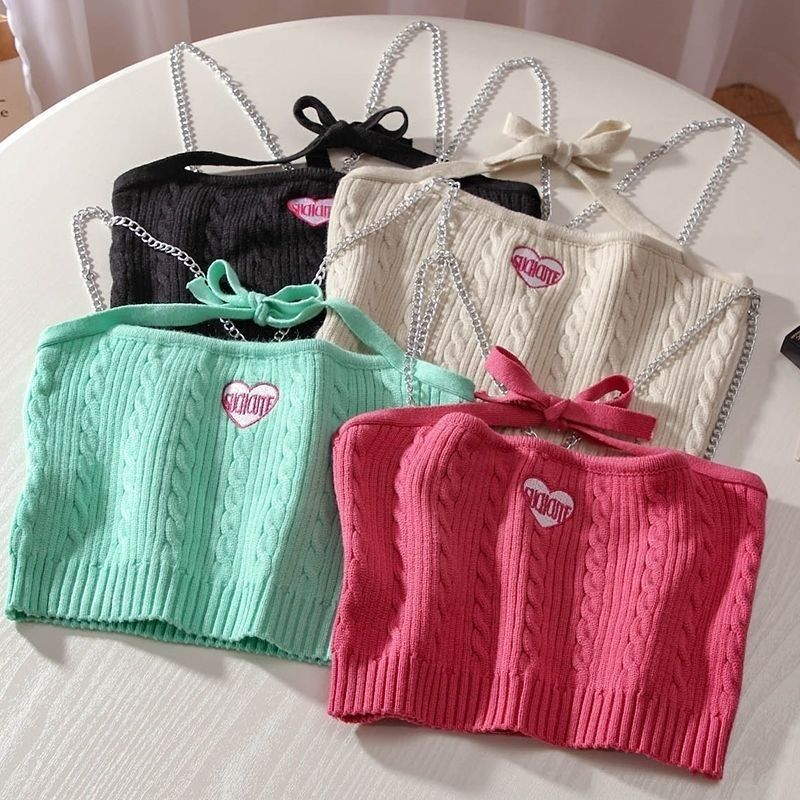 PX สไตล์ Y2K เสื้อสายเดี่ยว สายโซ่คล้องคอสุดเก๋ เสื้อไหมพรม สีสันสดใส เสื้อครอปผู้หญิง ดีไซน์สวย