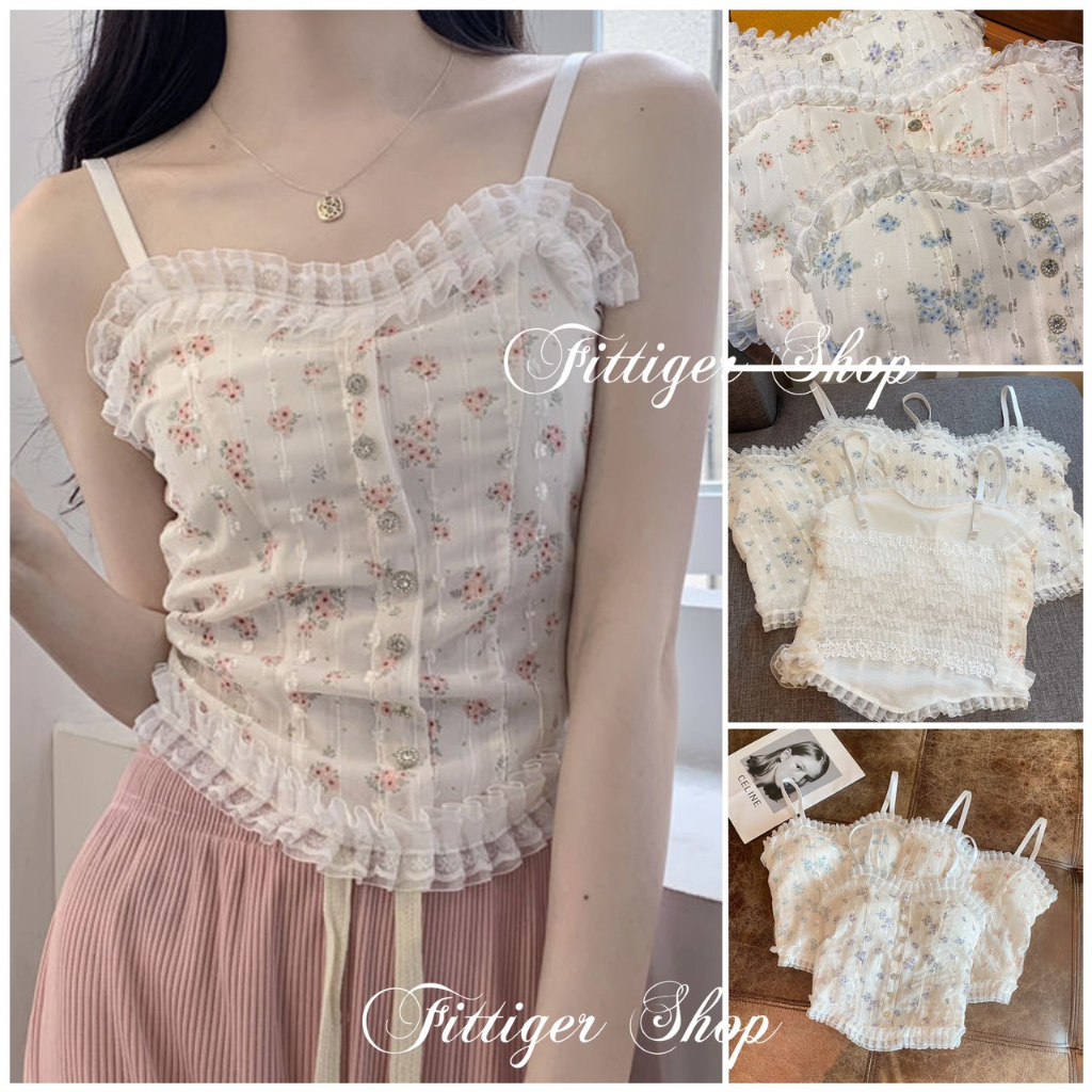 Fittiger shop สายเดี่ยวลูกไม้ กระดุมแต่งมุก สายปรับได้ สม็อคหลัง มีฟองน้ำในตัว รุ่น NY157 (พร้อมถุงซิป)