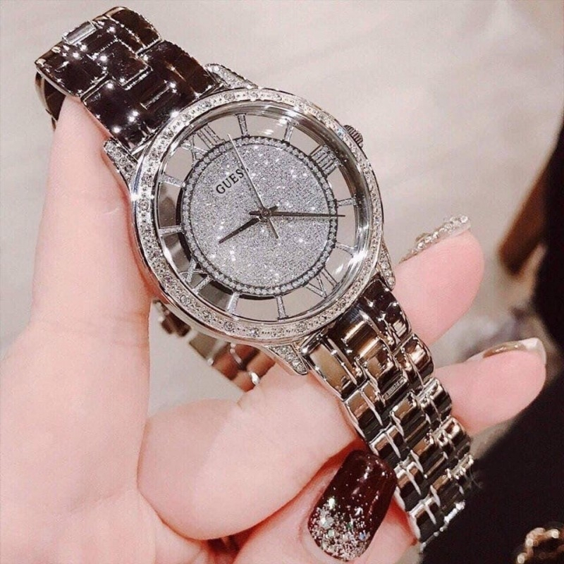F.A ของแท้100%GUESS ผู้หญิงนาฬิกา เรียบง่ายใจกว้าง เต็มไปด้วยเพชร หน้าปัดกลวง สแตนเลส นาฬิกาแบรนด์เน