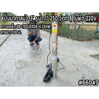 ปั๊มบาดาลบ่อ 3" รูน้ำ 1" 250 วัตต์ 8 ใบพัด 220V ควายเหล็ก ZB-75QJD208-0.25KW สายไฟยาว 30 ม