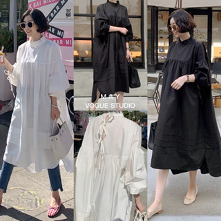 •• New ••  Cotton dress เดรสผ้าคอตตอลเนื้ออย่างดี ทรง oversize หน้าสั้นหลังยาว แต่งแถบพับที่ชายเดรส คอปีนนิดๆ