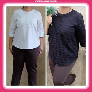 DOPAMINA เสื้อผ้าผู้หญิง แขนสามส่วน สีขาว/ดำ [XL-4XL] รอบอก 40-46 นิ้ว [DPM-013 Winnie Blouse]