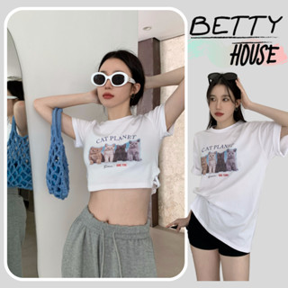 Betty House🎀 เสื้อครอป🍓เกาหลี พิมพ์ลายการ์ตูนแมว สั้น/ยาว เสื้อยืด🌟พร้อมส่ง 💥พร้อมส่งจากกทม มาถึงใน 3-5 วัน