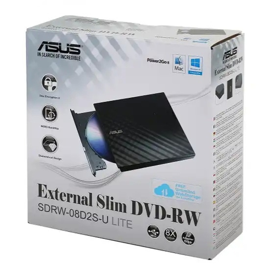 DVD External (เครื่องอ่าน-เขียนดีวีดีพกพา) ASUS SDRW-08D2S-U LITE (90-DQ0435-UA337KZ) BLACK