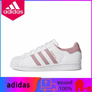 Adidas ของแท้ 100% Superstar รองเท้าผ้าใบสวมลำลองไม่หุ้มข้อสีขาวชมพู