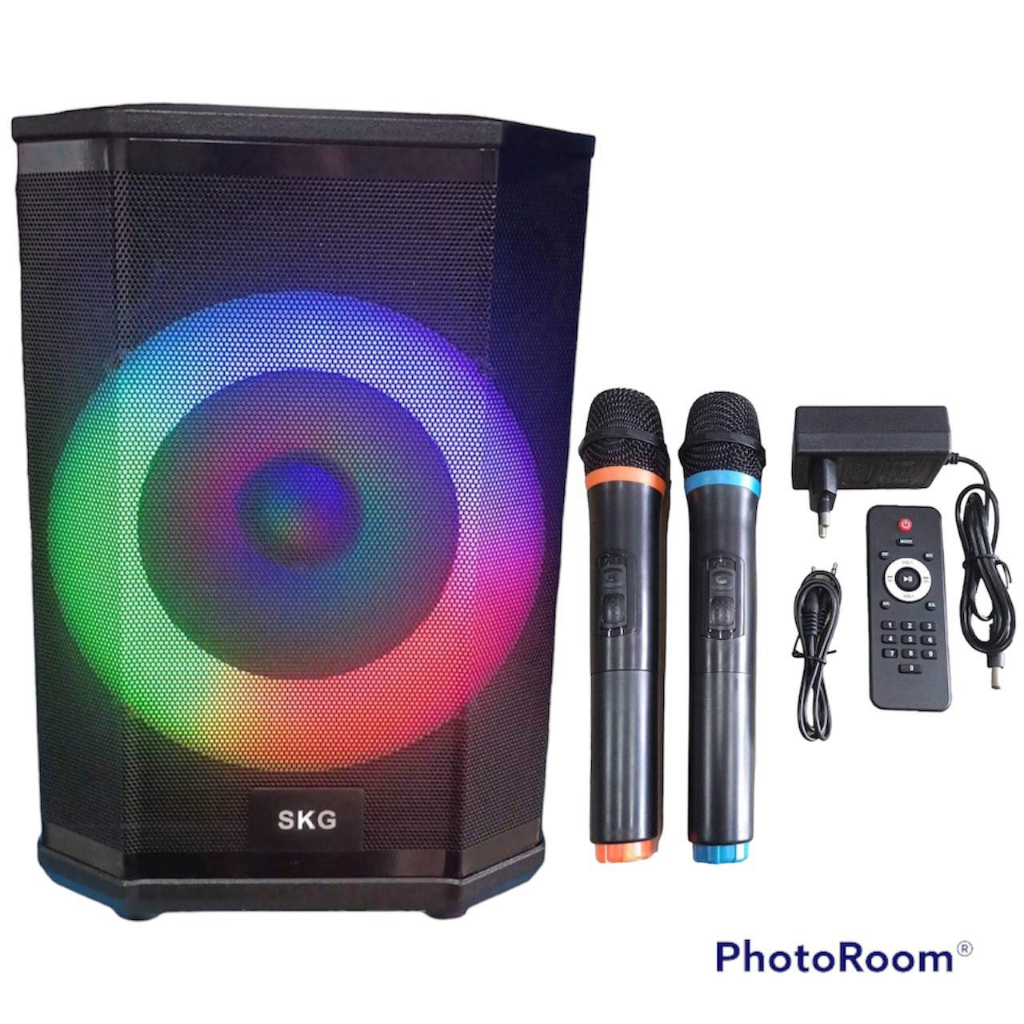 SKG ลำโพง Bluetooth 8 นิ้ว KG-048 ไมค์ลอย2ตัว รีโมท ไฟดิสโก้ ปิดเปิดได้ USB FM TF Card Echo BASS ต่อ