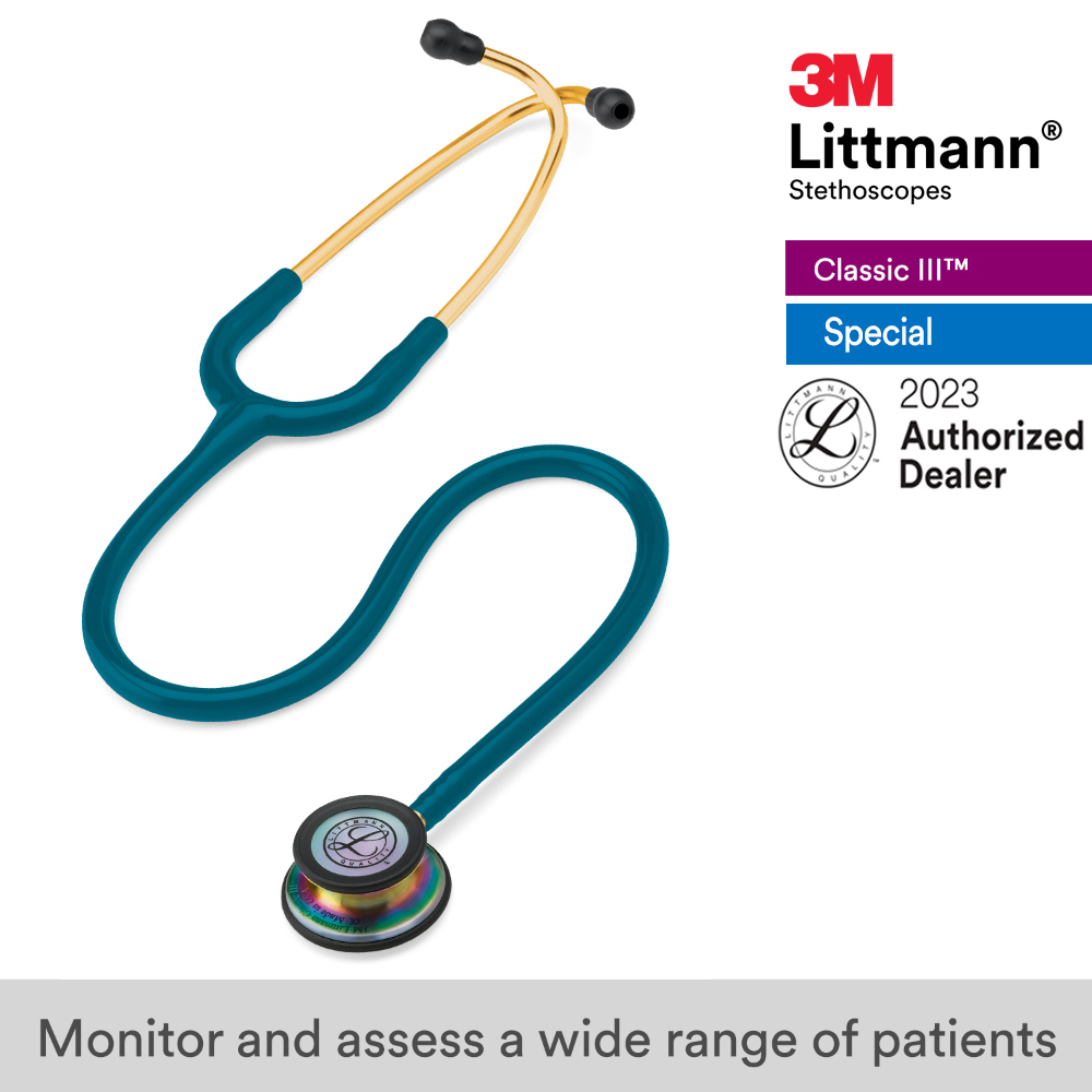 3M Littmann Classic III 27 inch, #5807 (Caribbean Blue Tube, Rainbow-Finish Chestpiece Stainless Stem & Eartubes)