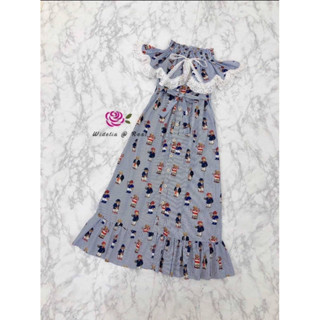 Maxi dress แม็กซี่เดรสปาดไหล่แสนสวย รุ่นนี้ใครไวใครได้ ลายน้องหมีน่ารักมากๆ