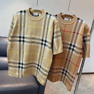 BURBERRY VINTAGE CHECKED BIRDSEYE SILK AND WOOL-BLEND KNIT SHORT-SLEEVED T-SHIRT IN NATURAL เบอเบอรี่ ลายสก็อต ผ้าไหมพรม