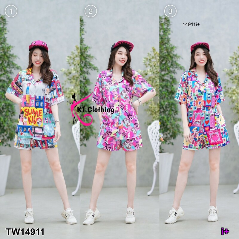 Set เสื้อเชิ้ตแขนสั้น+กางเกงขาสั้น ลายกราฟฟิก TT14911