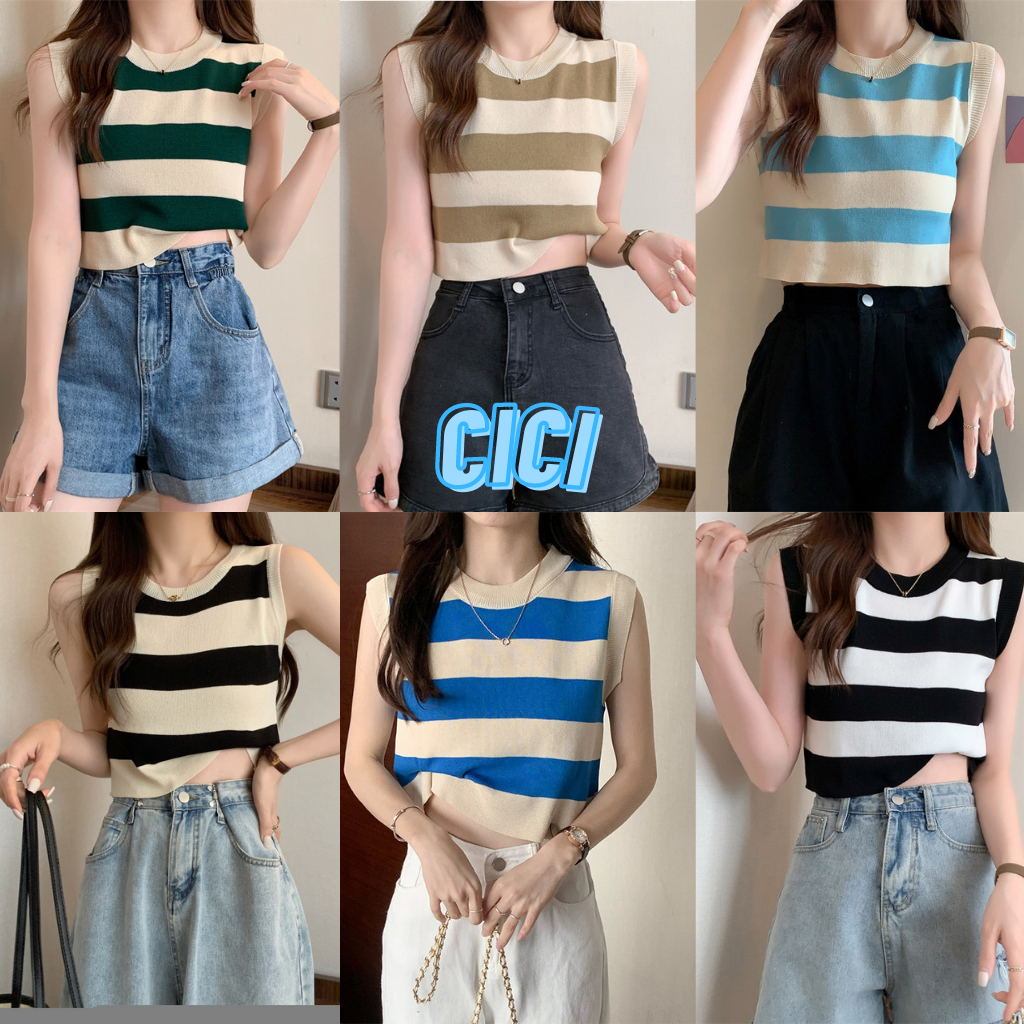 ส่งทันที Cici(NO. A482)เสื้อครอปแขนกุดคอกลม ทูโทน ผ้านิ่มใส่สบายสไตล์เกาหลี