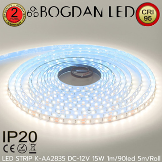 LED STRIP, K-AA2835-90-5700K DC-12V 15W/1M 90LED/1M IP20 ยี่ห้อ BOGDAN LED แอลอีดีไฟเส้น 5M/Roll  (ราคา/5เมตร)