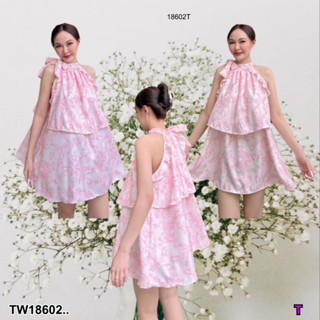 TwinsShopVip💗พร้อมส่ง TW18602 เดรสสั้น แต่งระบายรอบแขน ผูกโบว์คอ แต่งระบาย 2 ชั้น..