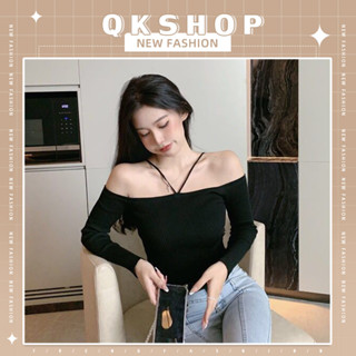 QKshop Hitติดเทรนด์ 🙀เสื้อผ้าแฟชั่นผู้หญิง เสื้อสายคล้องคอเปิดไหล่แขนยาว งานน่ารักปุกปิกมากแม่เหมาะกับสาว ๆ 🔥