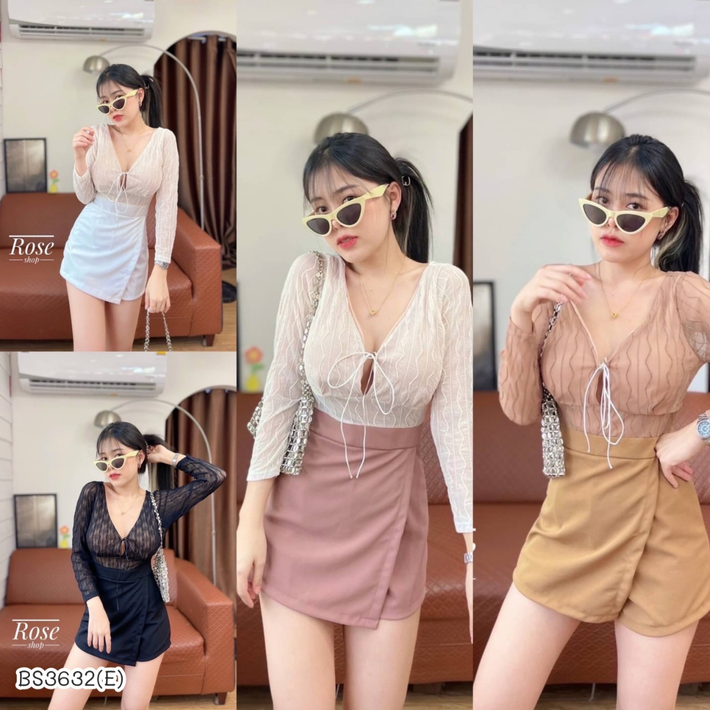BS3632   จั้มสูทป้ายหน้าเว้าหลัง จั้มสูทขาสั้น แขนผ้าลุกไม้ซีทรูคอวีแหวกลึก