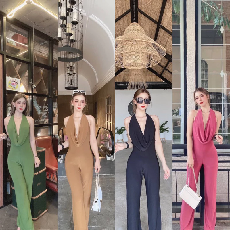 🔥จั้มสูทขายาว คล้องคอ🔥จั้มสูทขายาวออกงาน จั้มสูทขายาวผู้หญิง เซ็กซี่ ✅พร้อมส่ง🎄 ชุดคริสต์มาส