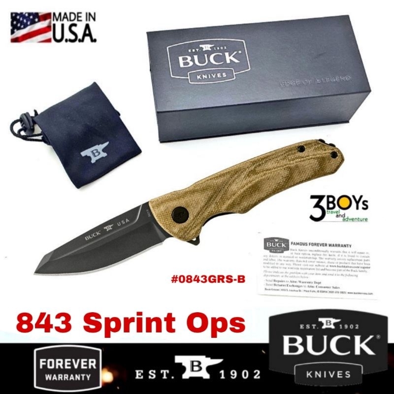 มีด Buck รุ่น 843 Sprint Ops Knife - Green Canvas Micarta เหล็ก S30Vเคลือบ Cerakote® #0843GRS-B แข็ง